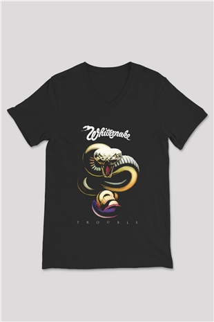 Whitesnake Baskılı Unisex Siyah V Yaka Tişört - Tshirt
