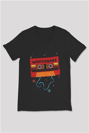 Whitesnake Baskılı Unisex Siyah V Yaka Tişört - Tshirt
