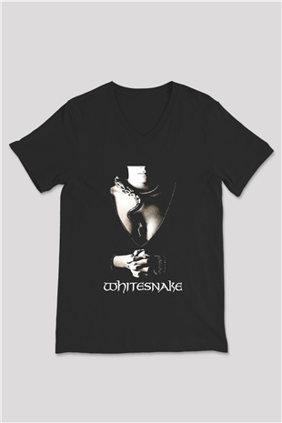 Whitesnake Baskılı Unisex Siyah V Yaka Tişört - Tshirt