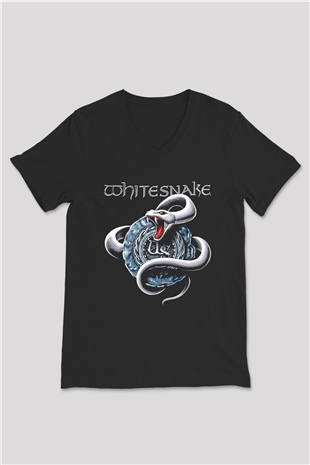 Whitesnake Baskılı Unisex Siyah V Yaka Tişört - Tshirt