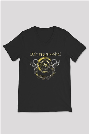 Whitesnake Baskılı Unisex Siyah V Yaka Tişört - Tshirt