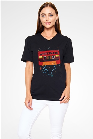 Whitesnake Baskılı Unisex Siyah V Yaka Tişört - Tshirt