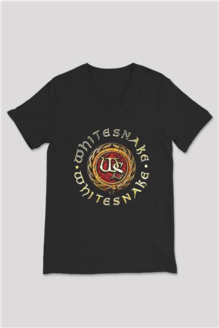 Whitesnake Baskılı Unisex Siyah V Yaka Tişört - Tshirt