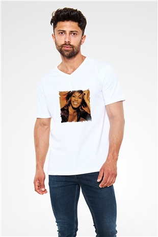 Whitney Houston Baskılı Beyaz V Yaka Unisex Tişört