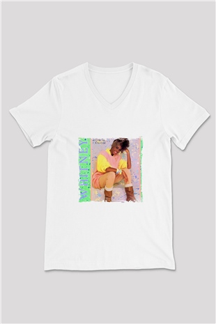 Whitney Houston Baskılı Beyaz V Yaka Unisex Tişört
