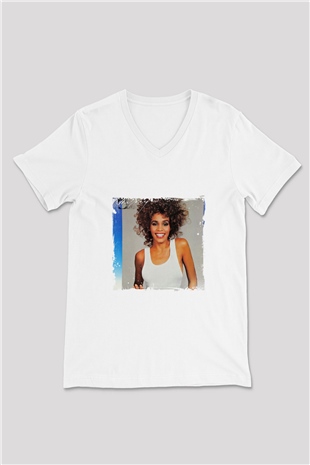 Whitney Houston Baskılı Beyaz V Yaka Unisex Tişört