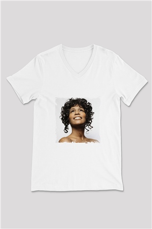 Whitney Houston Baskılı Beyaz V Yaka Unisex Tişört