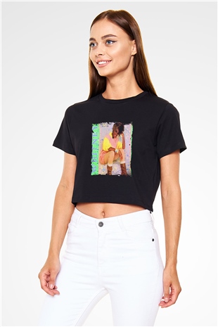 Whitney Houston Baskılı Crop Top Siyah Kadın Tişört