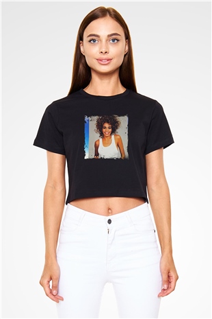 Whitney Houston Baskılı Crop Top Siyah Kadın Tişört