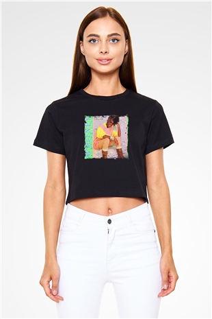 Whitney Houston Baskılı Crop Top Siyah Kadın Tişört