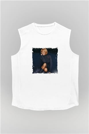 Whitney Houston Baskılı Unisex Beyaz Kolsuz Tişört