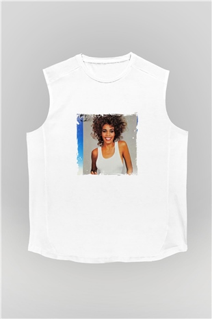 Whitney Houston Baskılı Unisex Beyaz Kolsuz Tişört