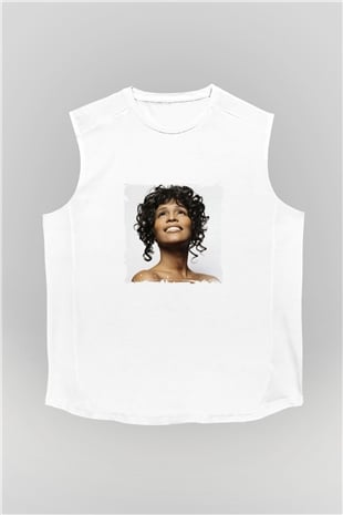 Whitney Houston Baskılı Unisex Beyaz Kolsuz Tişört