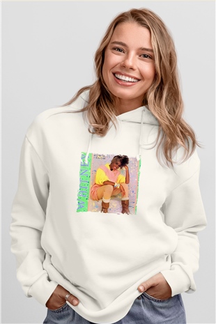 Whitney Houston Baskılı Unisex Beyaz Kapüşonlu Sweatshirt