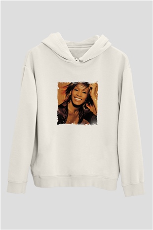 Whitney Houston Baskılı Unisex Beyaz Kapüşonlu Sweatshirt