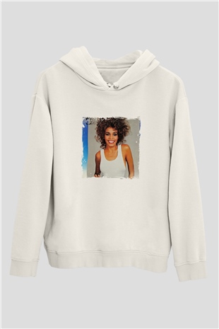 Whitney Houston Baskılı Unisex Beyaz Kapüşonlu Sweatshirt