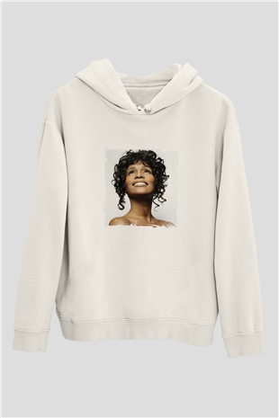Whitney Houston Baskılı Unisex Beyaz Kapüşonlu Sweatshirt