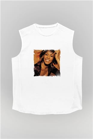 Whitney Houston Baskılı Unisex Beyaz Kolsuz Tişört