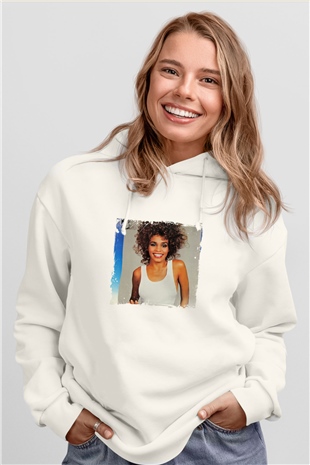 Whitney Houston Baskılı Unisex Beyaz Kapüşonlu Sweatshirt