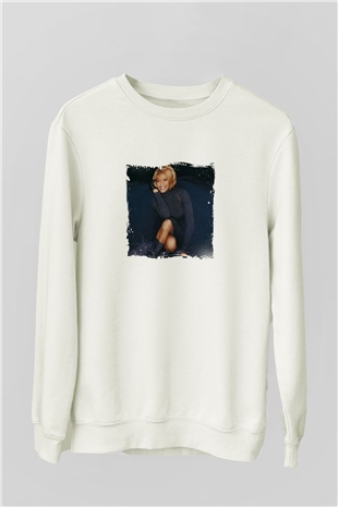 Whitney Houston Baskılı Unisex Beyaz Sweatshirt