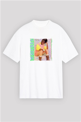 Whitney Houston Baskılı Oversize Beyaz Tişört
