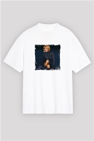 Whitney Houston Baskılı Oversize Beyaz Tişört