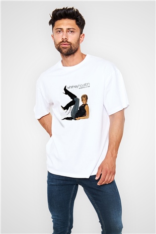 Whitney Houston Baskılı Oversize Beyaz Tişört