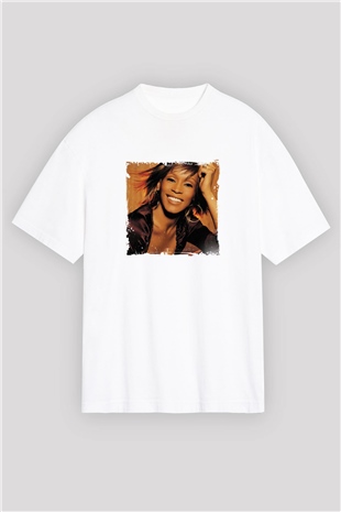 Whitney Houston Baskılı Oversize Beyaz Tişört