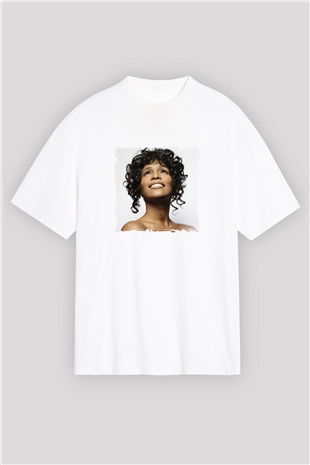 Whitney Houston Baskılı Oversize Beyaz Tişört