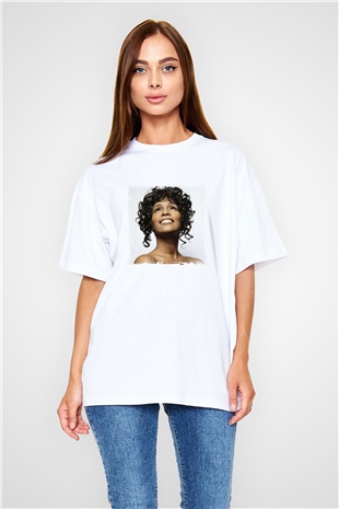 Whitney Houston Baskılı Oversize Beyaz Tişört