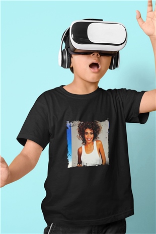 Whitney Houston Baskılı Unisex Siyah Çocuk Tişört