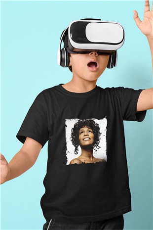 Whitney Houston Baskılı Unisex Siyah Çocuk Tişört