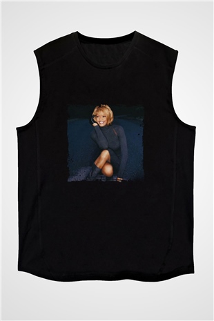 Whitney Houston Baskılı Unisex Siyah Kolsuz Tişört
