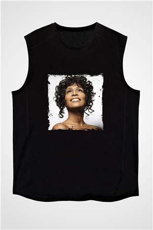 Whitney Houston Baskılı Unisex Siyah Kolsuz Tişört