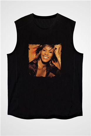 Whitney Houston Baskılı Unisex Siyah Kolsuz Tişört