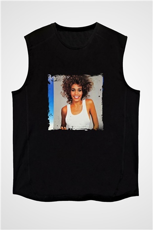 Whitney Houston Baskılı Unisex Siyah Kolsuz Tişört