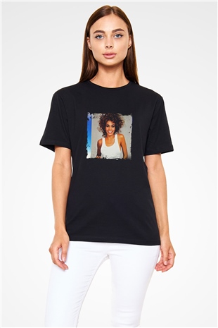 Whitney Houston Baskılı Unisex Siyah Tişört