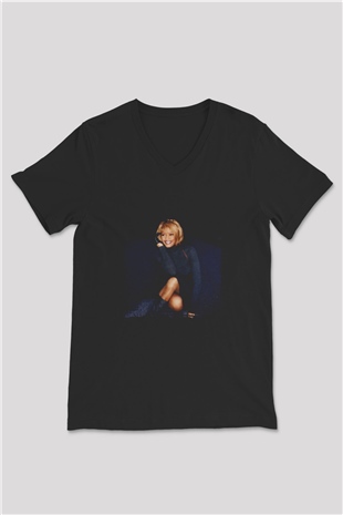 Whitney Houston Baskılı Unisex Siyah V Yaka Tişört