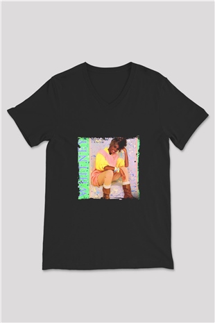 Whitney Houston Baskılı Unisex Siyah V Yaka Tişört