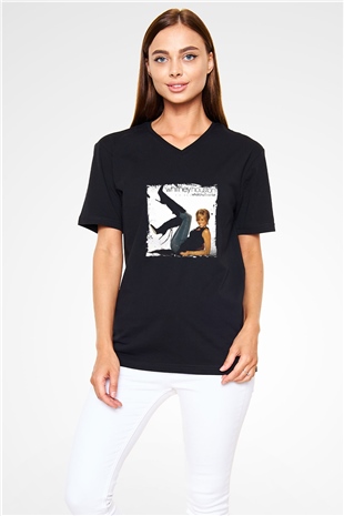 Whitney Houston Baskılı Unisex Siyah V Yaka Tişört
