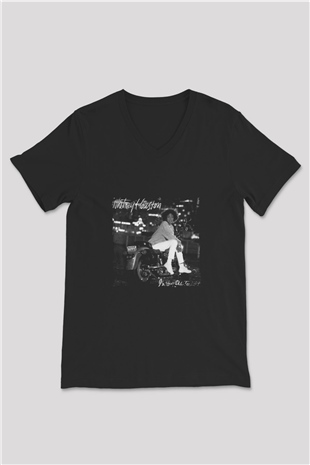 Whitney Houston Baskılı Unisex Siyah V Yaka Tişört