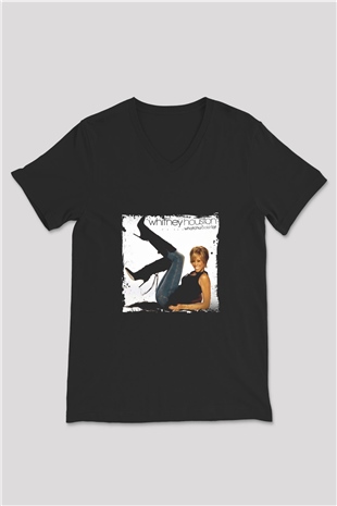 Whitney Houston Baskılı Unisex Siyah V Yaka Tişört