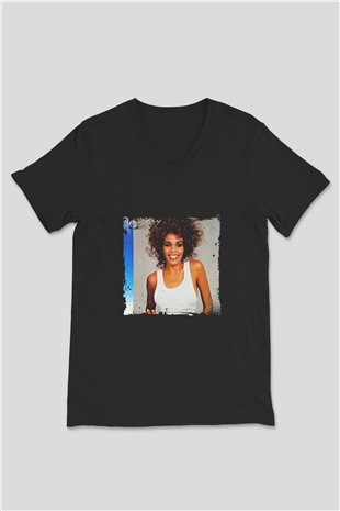 Whitney Houston Baskılı Unisex Siyah V Yaka Tişört