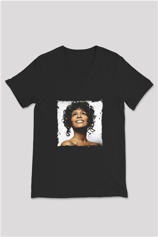 Whitney Houston Baskılı Unisex Siyah V Yaka Tişört