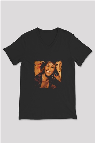 Whitney Houston Baskılı Unisex Siyah V Yaka Tişört