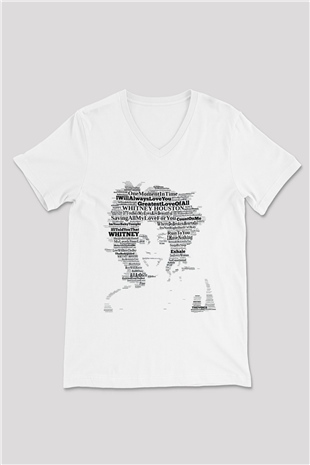 Whitney Houston Beyaz Unisex V Yaka Tişört