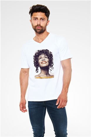 Whitney Houston Beyaz Unisex V Yaka Tişört