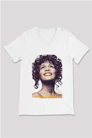 Whitney Houston Beyaz Unisex V Yaka Tişört