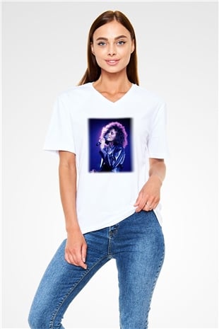 Whitney Houston Beyaz Unisex V Yaka Tişört T-Shirt