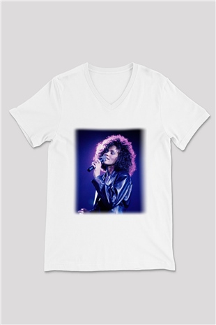 Whitney Houston Beyaz Unisex V Yaka Tişört T-Shirt